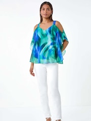Roman Blue Abstract Print Cold Shoulder Overlay Top - Image 2 of 5