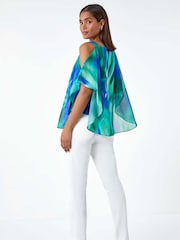 Roman Blue Abstract Print Cold Shoulder Overlay Top - Image 3 of 5