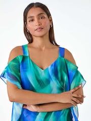 Roman Blue Abstract Print Cold Shoulder Overlay Top - Image 4 of 5