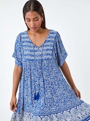 Roman Blue Border Print Frill Hem Smock Dress - Image 1 of 5