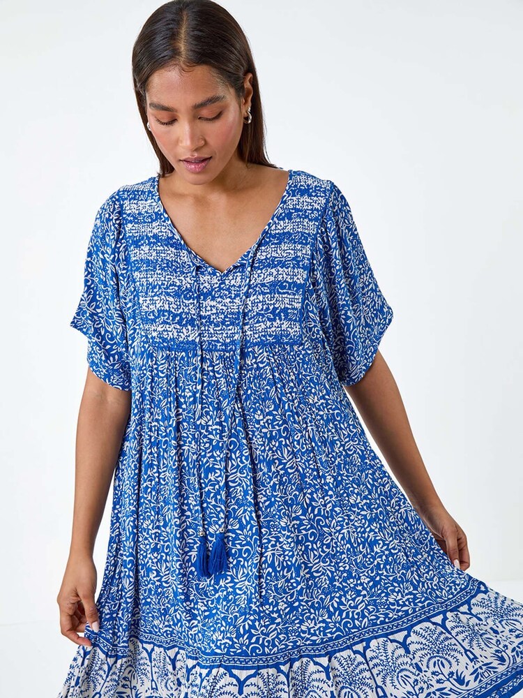 Roman Blue Border Print Frill Hem Smock Dress - Image 1 of 5