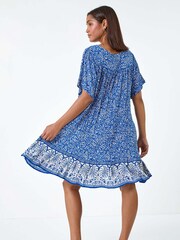 Roman Blue Border Print Frill Hem Smock Dress - Image 3 of 5