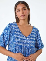 Roman Blue Border Print Frill Hem Smock Dress - Image 4 of 5