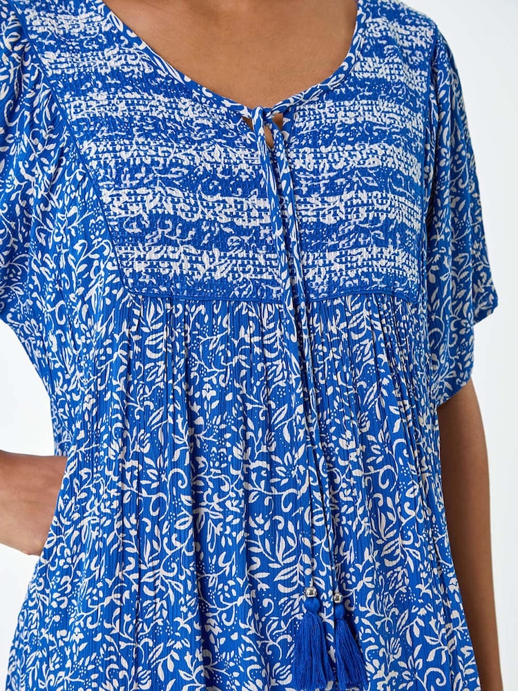 Roman Blue Border Print Frill Hem Smock Dress - Image 5 of 5