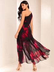 Lipsy Red Floral One Shoulder Printed Chiffon Summer Maxi Dress - Image 4 of 4
