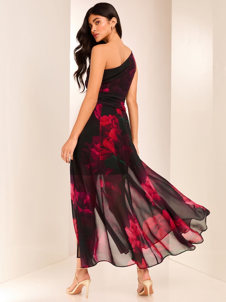 Lipsy Red Floral One Shoulder Printed Chiffon Summer Maxi Dress - Image 4 of 4