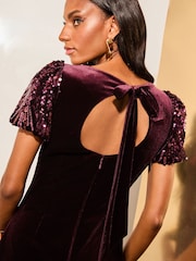 Lipsy Red Sequin Puff Sleeve Velvet Mini Dress - Image 2 of 4