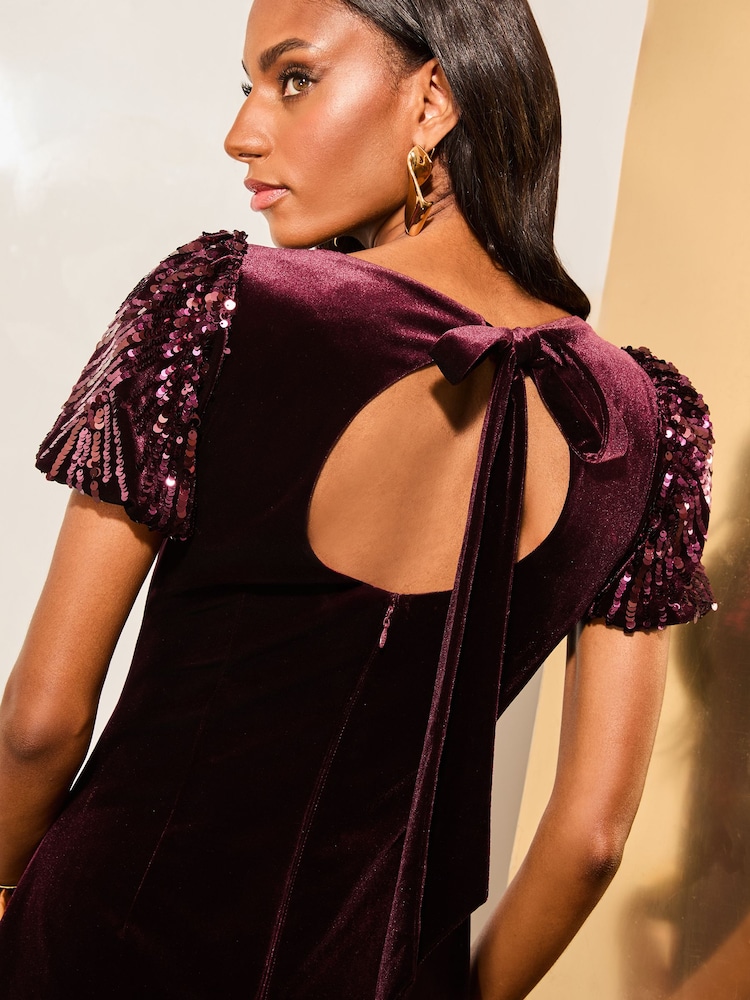 Lipsy Red Sequin Puff Sleeve Velvet Mini Dress - Image 2 of 4
