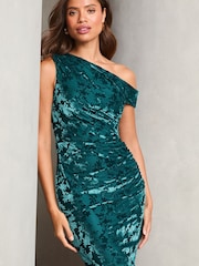 Lipsy Teal Blue Bardot Velvet Bodycon Midi Dress - Image 4 of 4