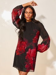 Lipsy Red Print Long Sleeve Hand Embellished Floral Mini Shift Dress - Image 1 of 4