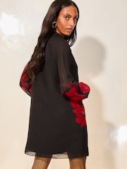 Lipsy Red Print Long Sleeve Hand Embellished Floral Mini Shift Dress - Image 3 of 4