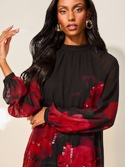 Lipsy Red Print Long Sleeve Hand Embellished Floral Mini Shift Dress - Image 4 of 4