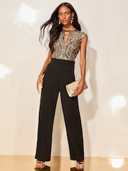 Lipsy Black Sequin Keyhole Cap Sleeve Wide Leg Jumpsuit - Image 1 of 4
