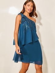 Lipsy Teal Blue Petite One Shoulder Mini Tiered Bow Shift Dress - Image 1 of 4