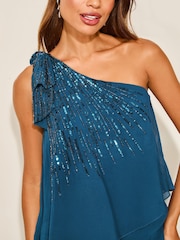 Lipsy Teal Blue Petite One Shoulder Mini Tiered Bow Shift Dress - Image 2 of 4