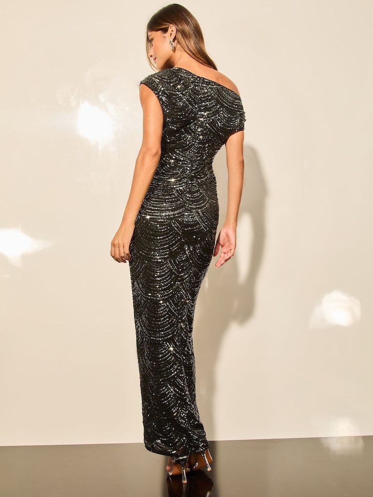 Lipsy Black Petite Off The Shoulder Slashed Sequin Maxi Dress - Image 4 of 4