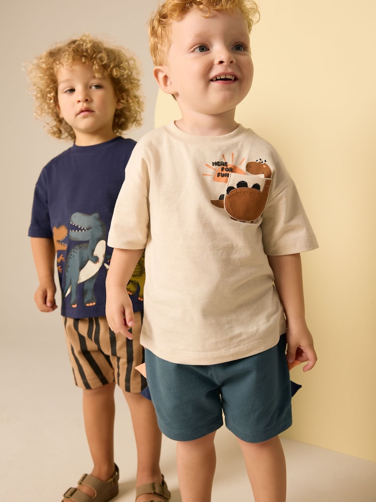 Navy/Stone Short Sleeve T-Shirt & Shorts Set 2 Pack (3mths-7yrs) (3mths-7yrs) - Image 3 of 6