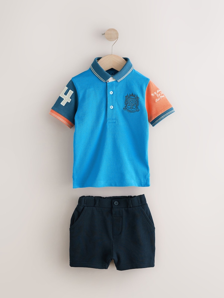 Blue/Orange Short Sleeve Polo Shirt And Shorts Set (3mths-7yrs) - Image 2 of 5