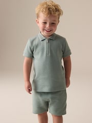 Sage Green Texture Short Sleeve Zip Neck Polo And Shorts Set (3mths-7yrs) - Image 1 of 7