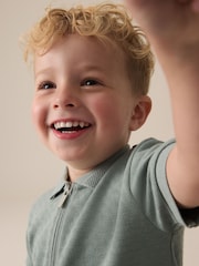 Sage Green Texture Short Sleeve Zip Neck Polo And Shorts Set (3mths-7yrs) - Image 2 of 7