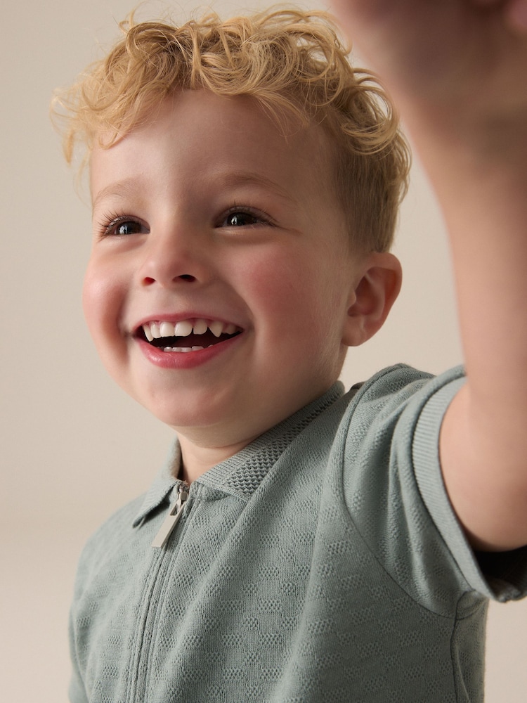 Sage Green Texture Short Sleeve Zip Neck Polo And Shorts Set (3mths-7yrs) - Image 2 of 7