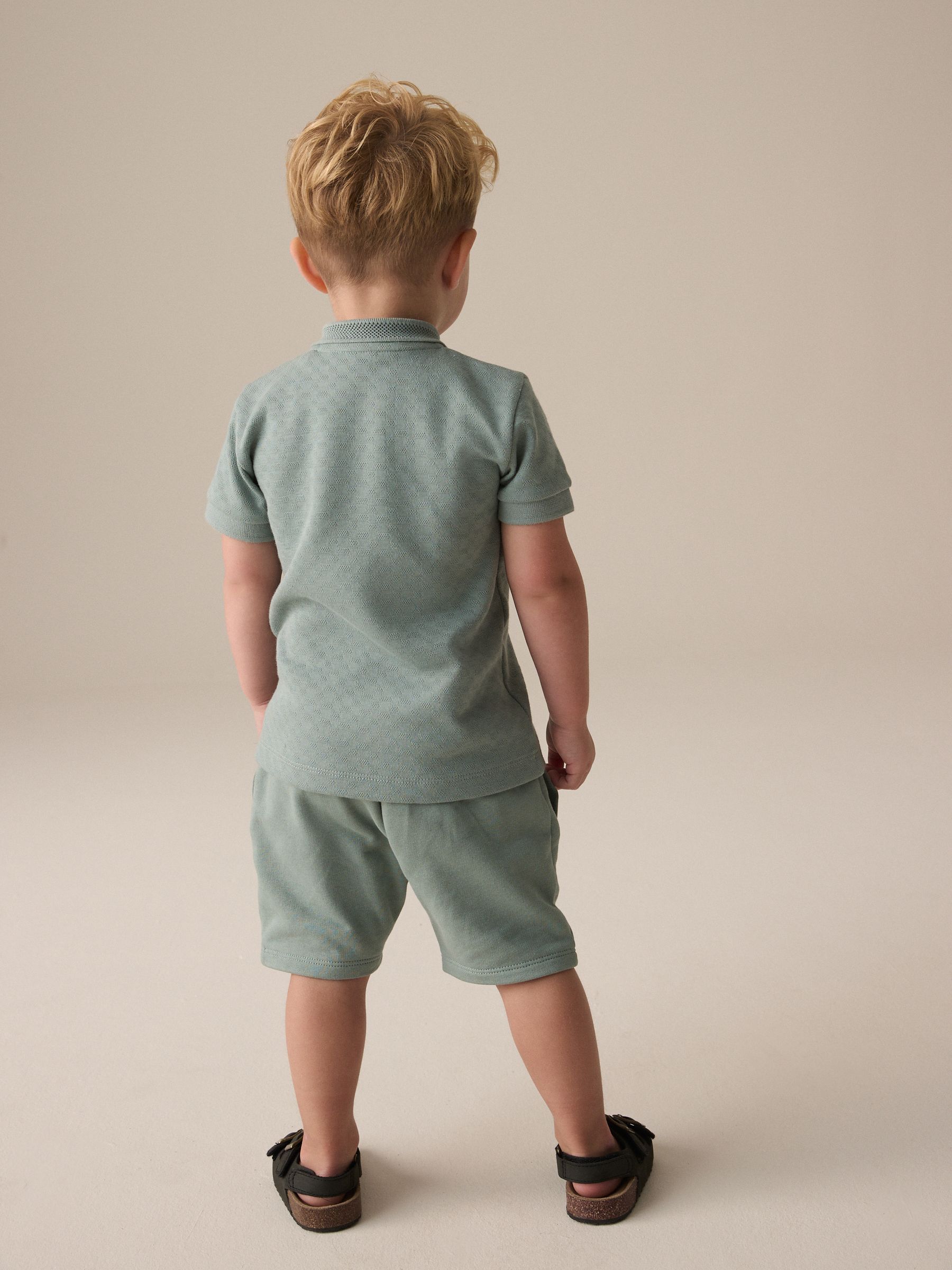 Buy Sage Green Texture Short Sleeve Zip Neck Polo And Shorts
