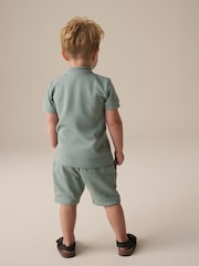 Sage Green Texture Short Sleeve Zip Neck Polo And Shorts Set (3mths-7yrs) - Image 3 of 7