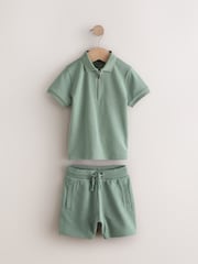 Sage Green Texture Short Sleeve Zip Neck Polo And Shorts Set (3mths-7yrs) - Image 4 of 7