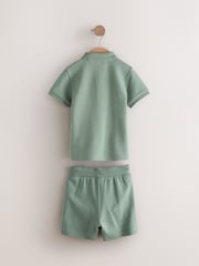 Sage Green Texture Short Sleeve Zip Neck Polo And Shorts Set (3mths-7yrs) - Image 5 of 7