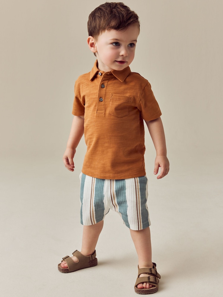 Rust Brown Short Sleeve Polo Shirt & Stripe Shorts Set (3mths-7yrs) - Image 1 of 6