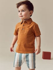 Rust Brown Short Sleeve Polo Shirt & Stripe Shorts Set (3mths-7yrs) - Image 2 of 6