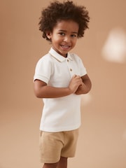 Tan/White Short Sleeve Textured Polo Shirt and Shorts Set (3mths-7yrs) - Image 1 of 7