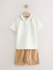 Tan/White Short Sleeve Textured Polo Shirt and Shorts Set (3mths-7yrs) - Image 4 of 7