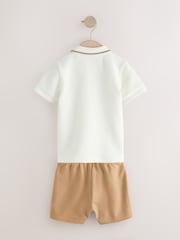 Tan/White Short Sleeve Textured Polo Shirt and Shorts Set (3mths-7yrs) - Image 5 of 7