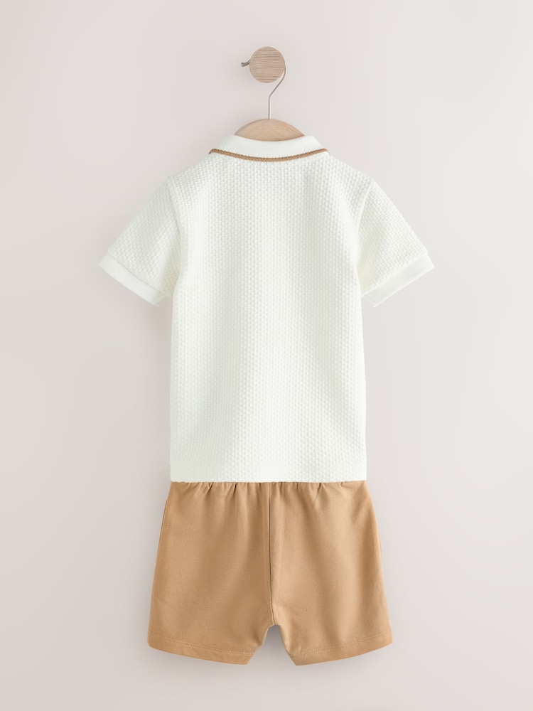 Tan/White Short Sleeve Textured Polo Shirt and Shorts Set (3mths-7yrs) - Image 5 of 7