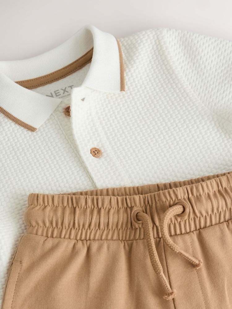 Tan/White Short Sleeve Textured Polo Shirt and Shorts Set (3mths-7yrs) - Image 7 of 7