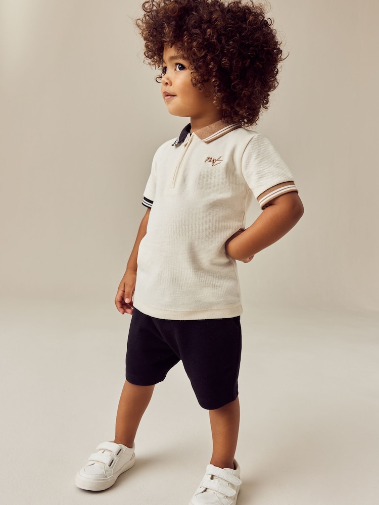 Tan Brown Short Sleeve Zip Neck Polo And Shorts Set (3mths-7yrs) - Image 4 of 4