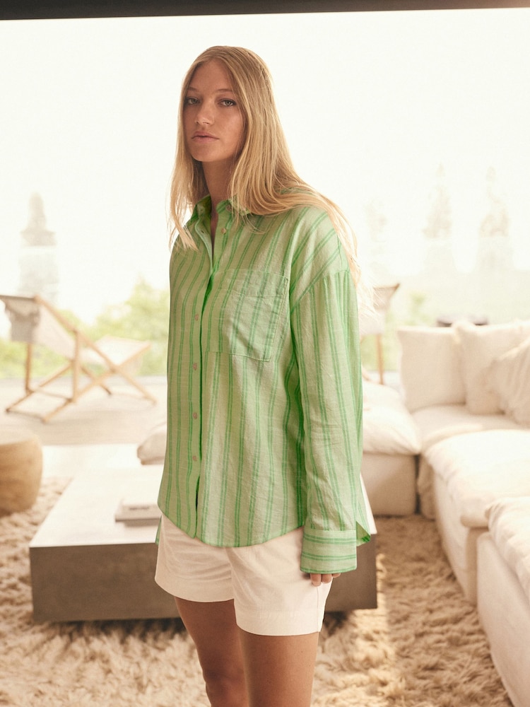 Green Stripe Long Sleeve Shirt With Linen - Image 1 of 7