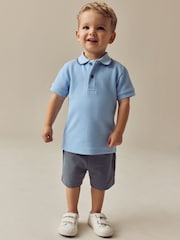 Blue/Navy Short Sleeve Textured Polo Shirt and Shorts Set (3mths-7yrs) - Image 1 of 4