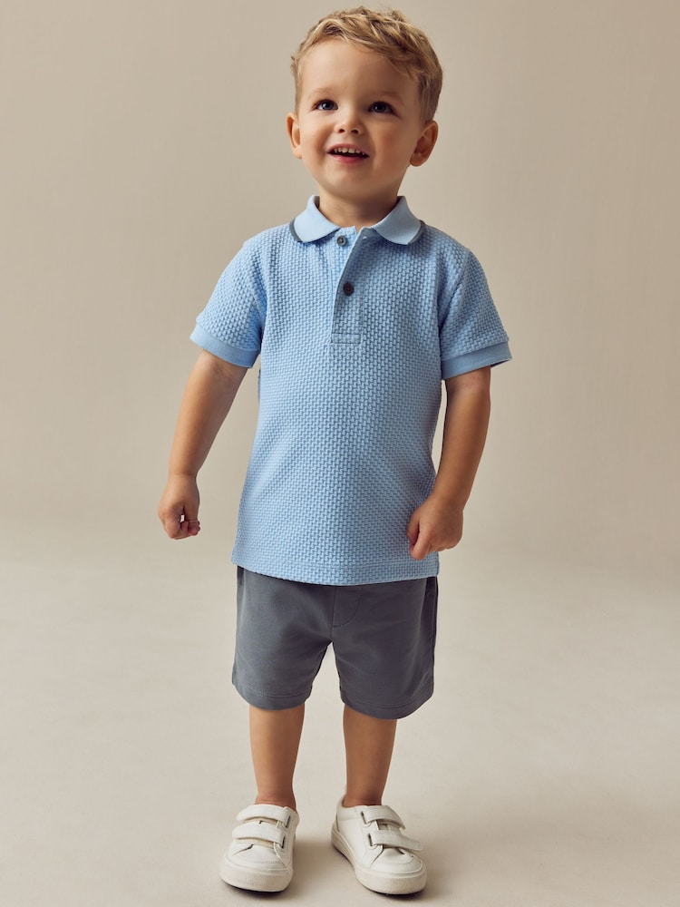 Blue/Navy Short Sleeve Textured Polo Shirt and Shorts Set (3mths-7yrs) - Image 1 of 4