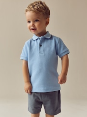 Blue/Navy Short Sleeve Textured Polo Shirt and Shorts Set (3mths-7yrs) - Image 3 of 4