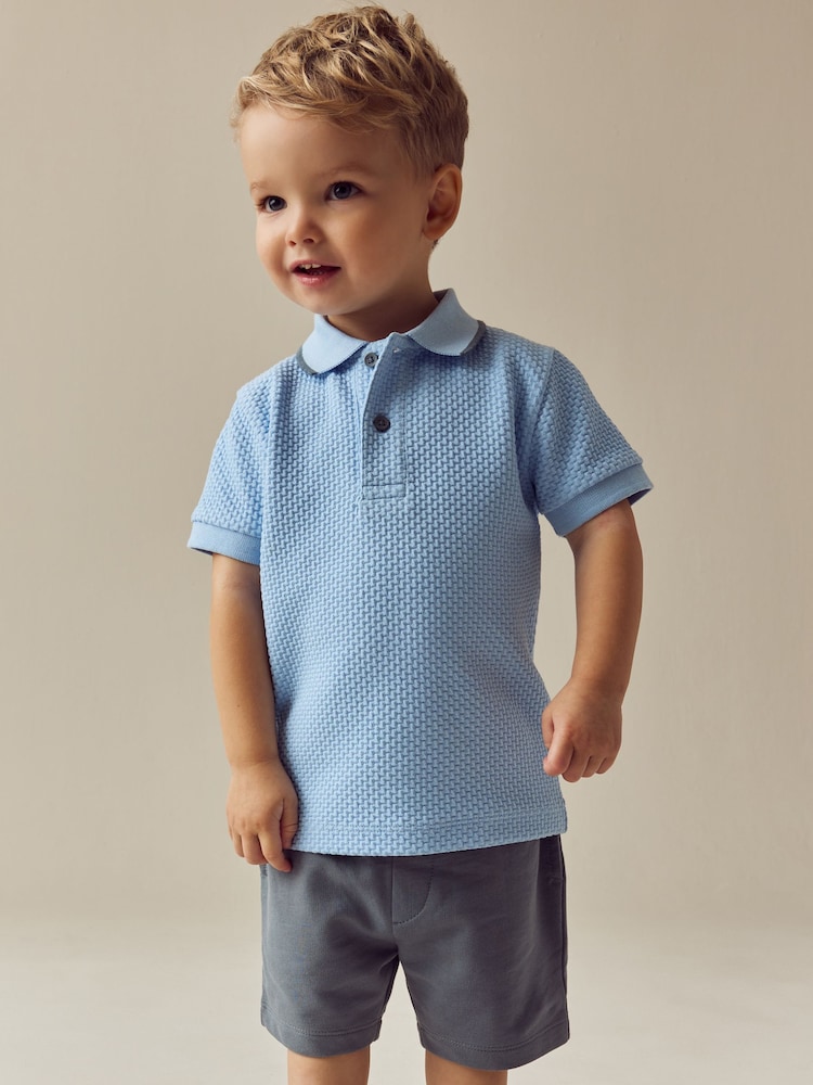 Blue/Navy Short Sleeve Textured Polo Shirt and Shorts Set (3mths-7yrs) - Image 3 of 4