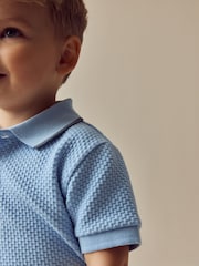 Blue/Navy Short Sleeve Textured Polo Shirt and Shorts Set (3mths-7yrs) - Image 4 of 4