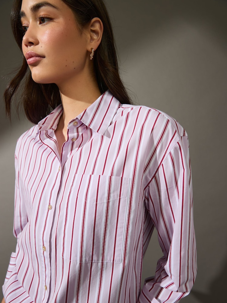 Lilac Purple Stripe Relaxed Boyfriend Fit 100% Cotton Button Down Shirt - Image 3 of 7