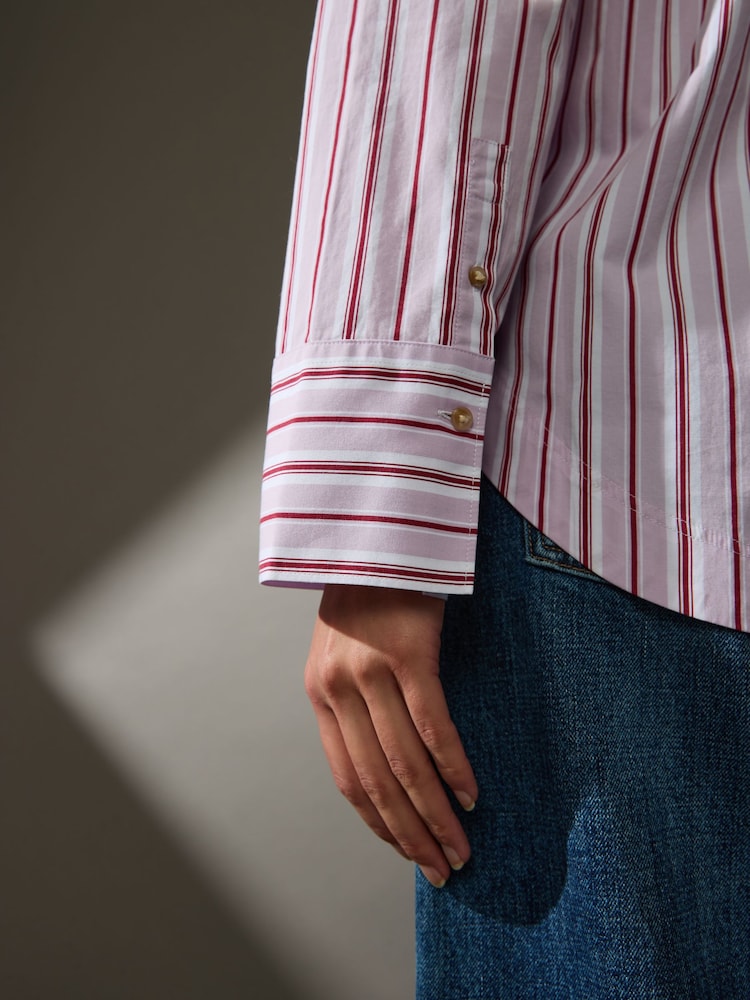 Lilac Purple Stripe Relaxed Boyfriend Fit 100% Cotton Button Down Shirt - Image 4 of 7