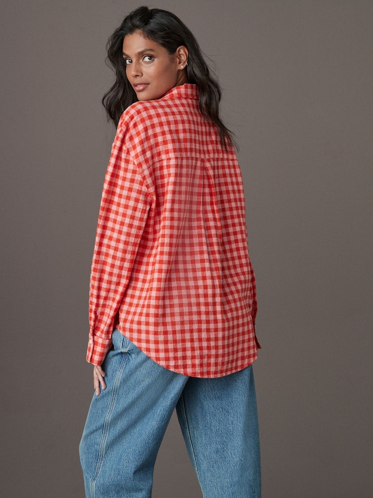 Red/Pink Gingham Long Sleeve Shirt With Linen - Image 3 of 7