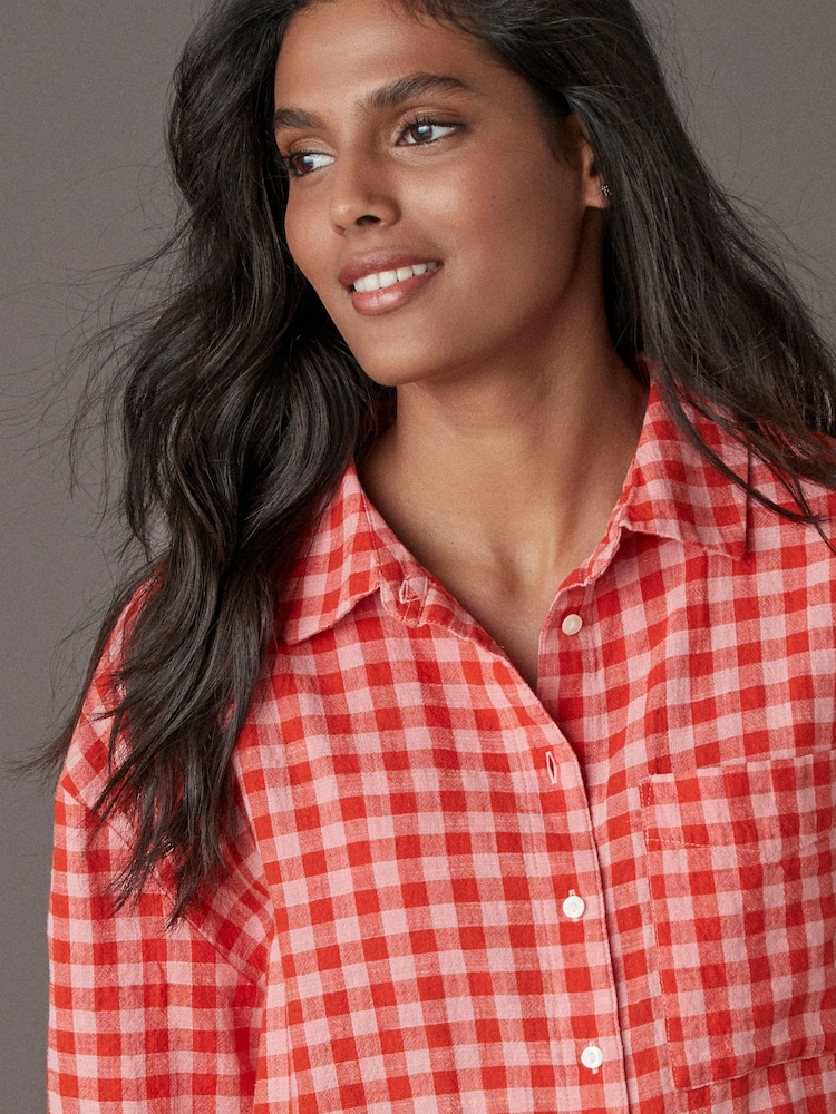 Red/Pink Gingham Long Sleeve Shirt With Linen - Image 4 of 7