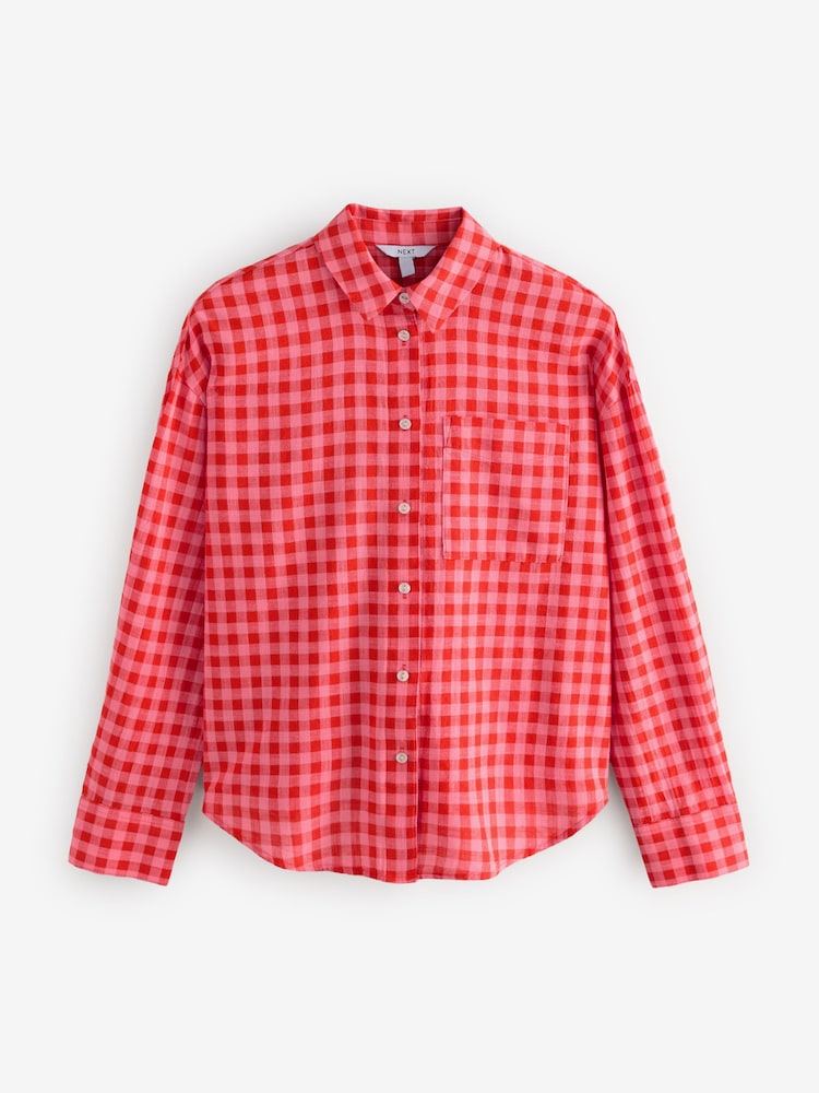 Red/Pink Gingham Long Sleeve Shirt With Linen - Image 5 of 7
