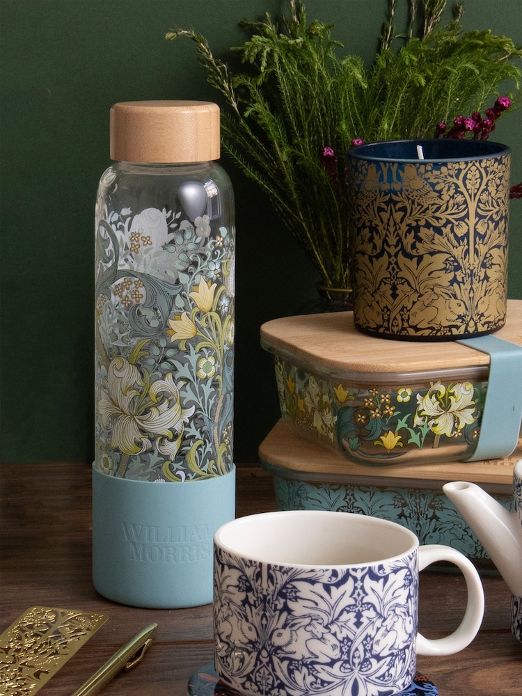William Morris Blue Golden Lily 600ml Glass Water Bottle - Image 1 of 3