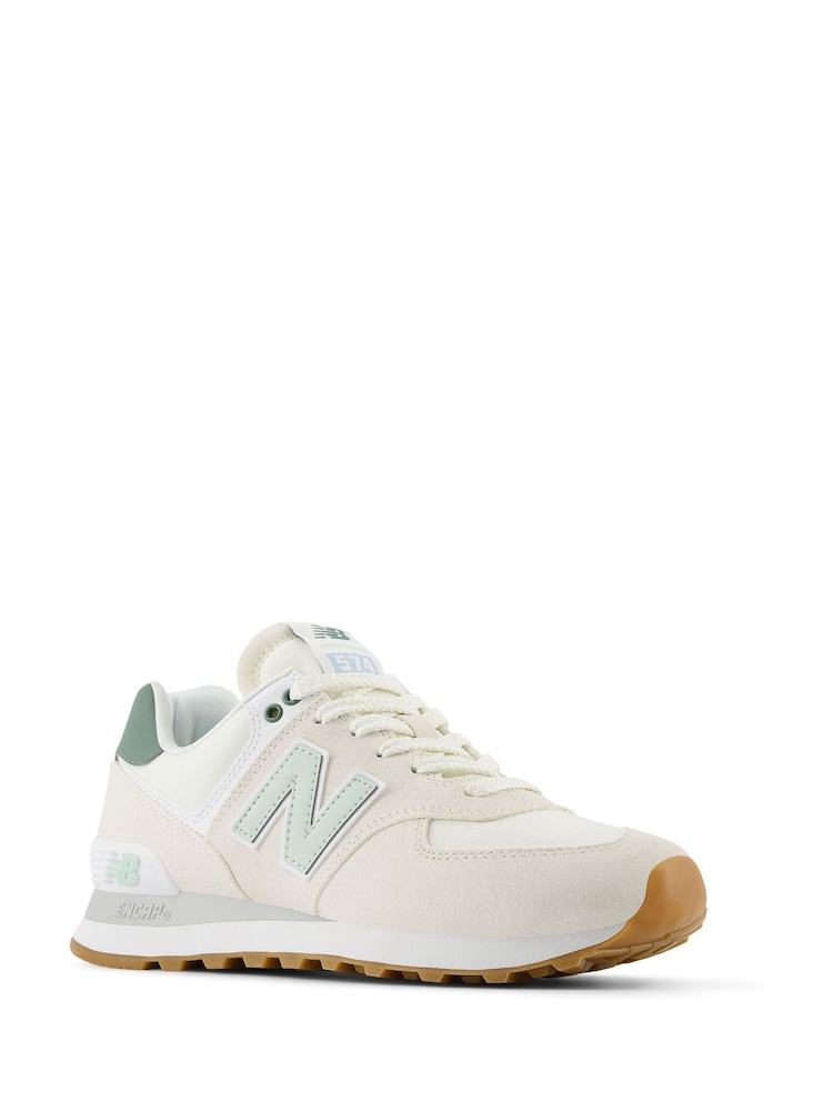 New Balance White/Green Womens 574 Trainers - Image 2 of 9